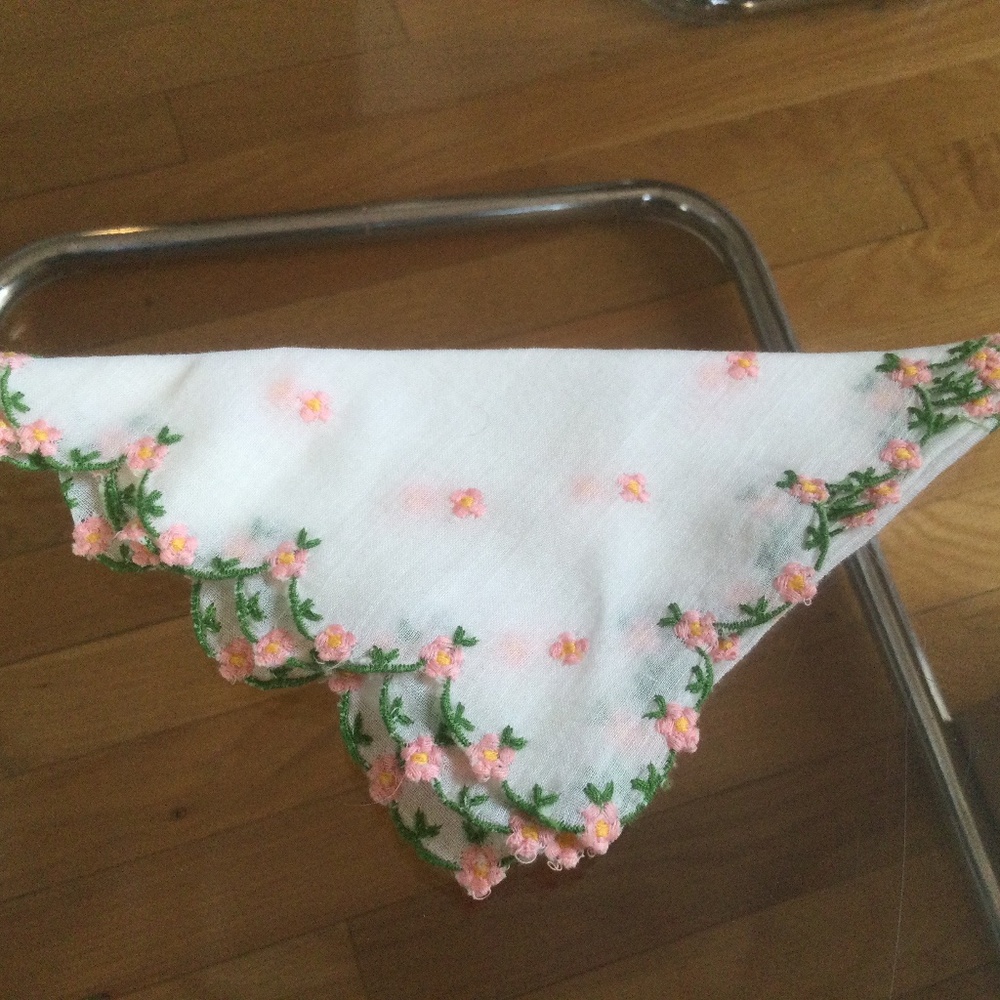 Vintage Linen Handkerchief with Hand Embroidered Flowers, 10” square